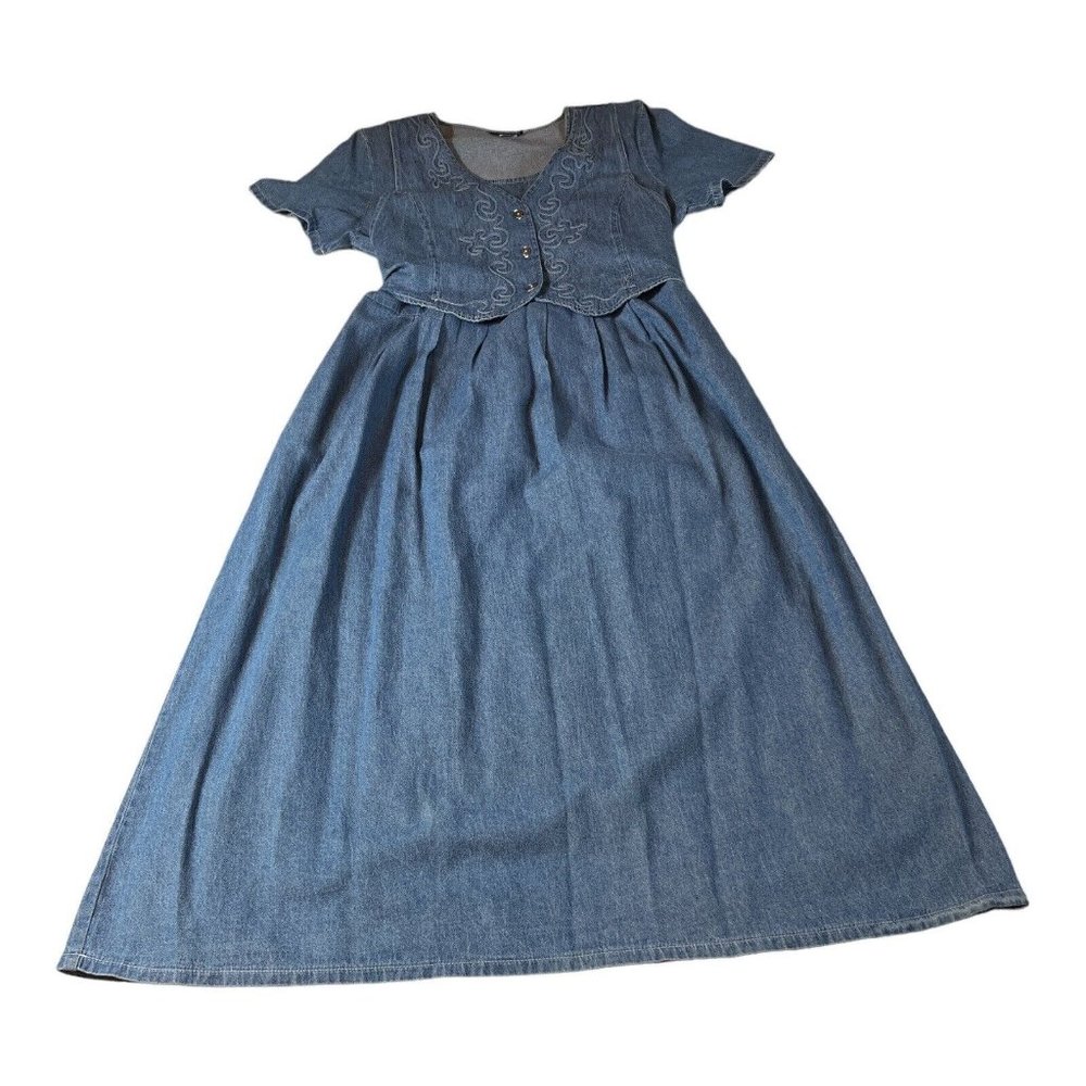 Vintage Farmhouse Cottage Core Modest Denim Maxi Dress Embroidered Vest LARGE